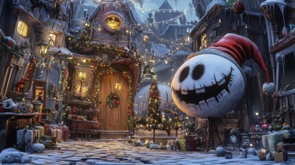 Festive winter town square with whimsical decorations