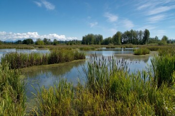 A vibrant wetland showcases lush reeds and tranquil waters, teeming with birds. The scene reflects the beauty of nature against a backdrop of blue skies and distant trees