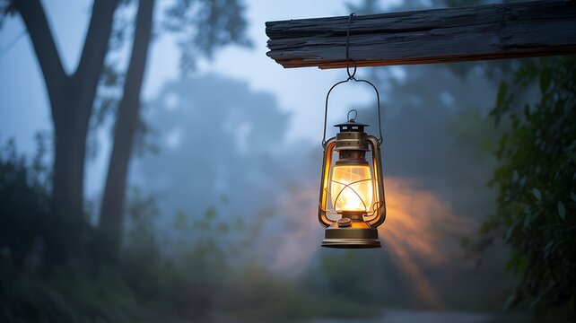 Vintage kerosene lantern glowing warmly suspended from a weathered wooden beam in a misty forest