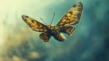 A golden moth in flight against a soft backdrop.