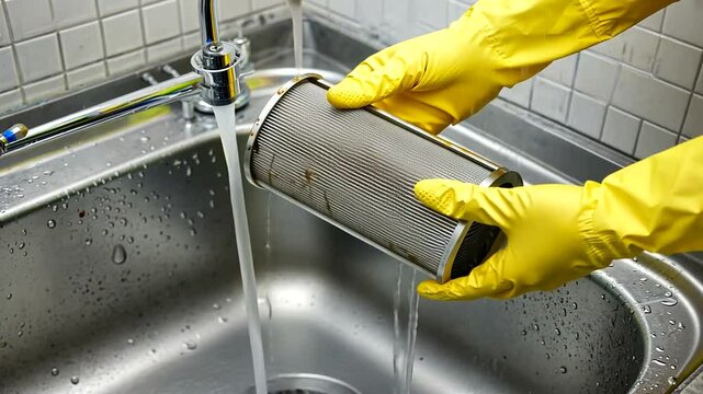 Person wearing yellow gloves cleaning a filter under running water in a kitchen sink