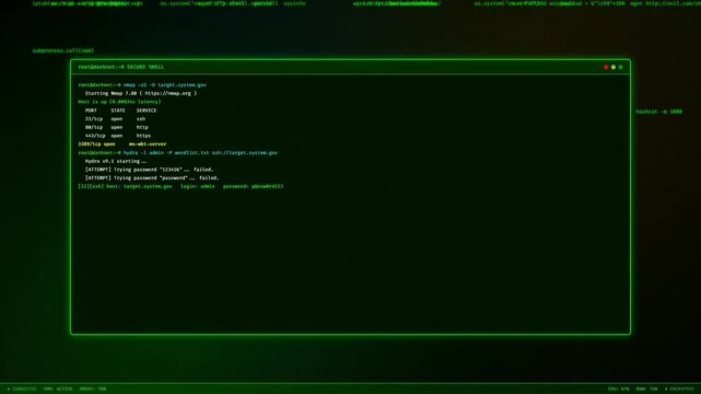 Modern hacker terminal UI with animated code typing, simulating a realistic network attack. Features colored syntax, status bar, and dynamic background effects. Seamlessly looped for tech projects.