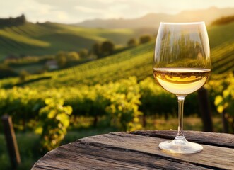 White wine glass on weathered table, vineyard backdrop