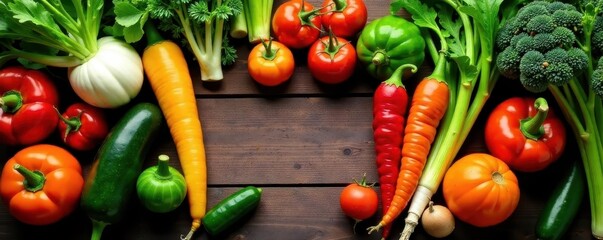 Colorful mix of organic vegetables on wooden table, colorful, wholesome