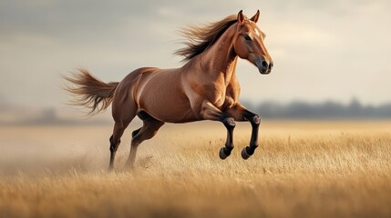 Fototapeta premium A magnificent horse gallops across a golden field.