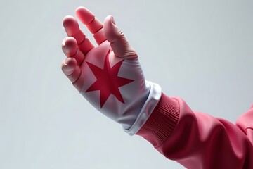 Stylized Hand with Red Star Against Gray Background, Pink Sleeve, Close-Up                                                                            