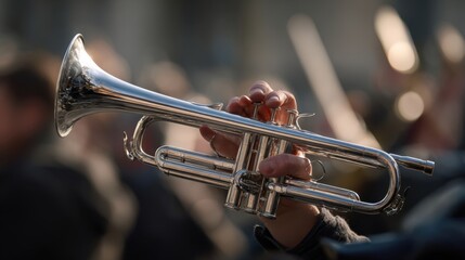 Obraz premium The gleaming trumpet held by a passionate musician during a vibrant performance.