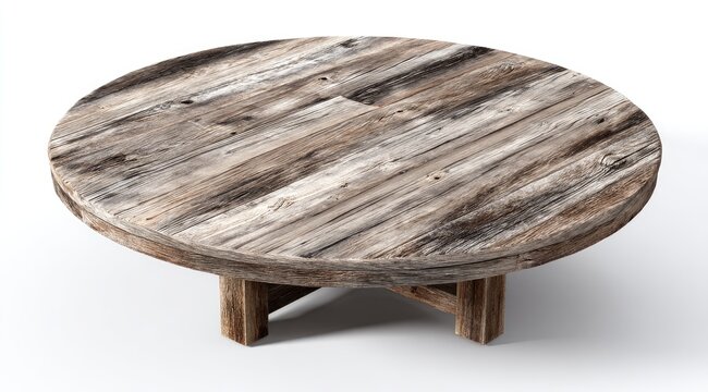 Rustic round coffee table with weathered grey and brown wood top and simple X-shaped base, isolated on white