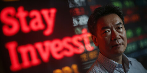 Remain invested : Man stands in front of a digital display with the words "Stay Invested" in bold red letters, suggesting financial market involvement.