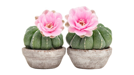 Two Pink Flowering Cacti In Gray Pots On Transparent Background