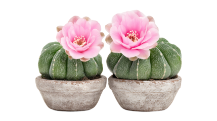 Two Pink Flowering Cacti In Gray Pots On Transparent Background