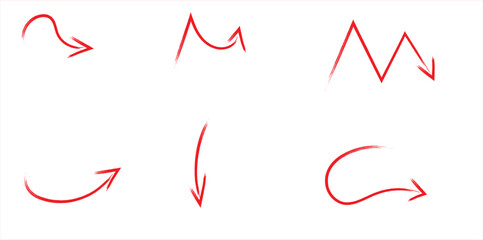 Set of 6 red hand drawn arrows in curved zigzag and abstract styles  bold sketch style strokes for direction annotation UI navigation or infographic elements on tranparent background