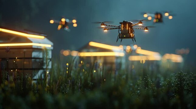 Futuristic Drone Bees Hovering Over Illuminated Apiary at Twilight