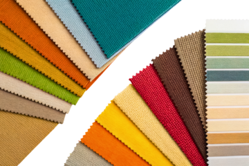 Collection of colorful textile samples for interior design choice isolated with transparent background