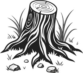 Vector art of a tree stump with roots and grass isolated on white background