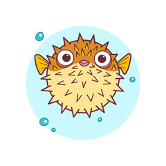 Cute Cartoon Puff Fish with Bubbles