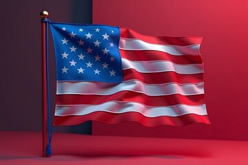 Waving American Flag on a Red Pole with Stars and Stripes Against a Solid Red Background.                                                             