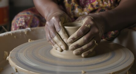 Hands Shaping Clay on Pottery Wheel