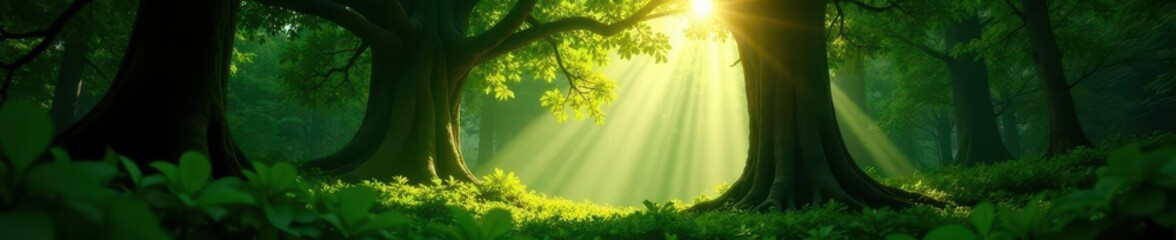 Fototapeta premium Sunlight filtering through canopy, vibrant green ecosystem, photography, old growth