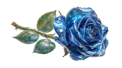Vibrant Blue Glittering Rose with Water Droplets on Transparent Background