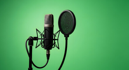 Professional Condenser Microphone with Pop Filter on Green Screen Background