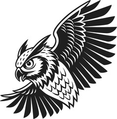Vector art of a black and white owl flying isolated on white background