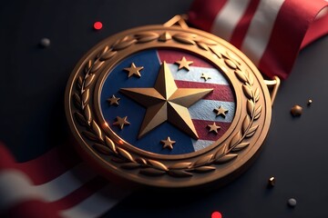 Close-up of a detailed golden medal with stars and stripes, on a ribbon, conveying patriotic symbolism and honor.                                     