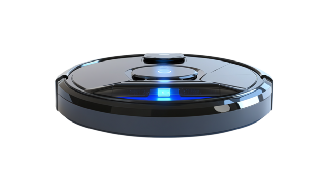 • A futuristic robotic vacuum with smart mapping features, isolated on white background in HD 