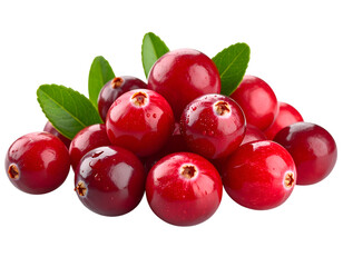 Cranberries' Vibrant Harvest: a photorealistic close-up of a pile of ripe, juicy cranberries, each a perfect jewel of crimson, enhanced by the freshness of green leaves.