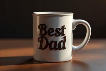 White Coffee Mug with "Best Dad" Message and Golden Rim on Wooden Table Against Dark Background in Soft Morning Light, Ideal for Father's Day         