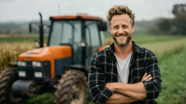 Proud Male Farmer Standing with Tractor on Rural Field under Soft Overcast Sky