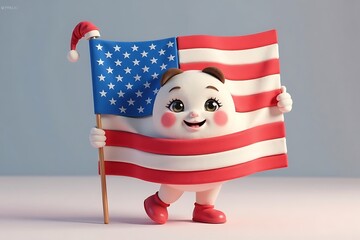 Festive Cartoon Character Embracing American Flag, Topped with Santa Hat for Holiday Season Cheer.                                                    