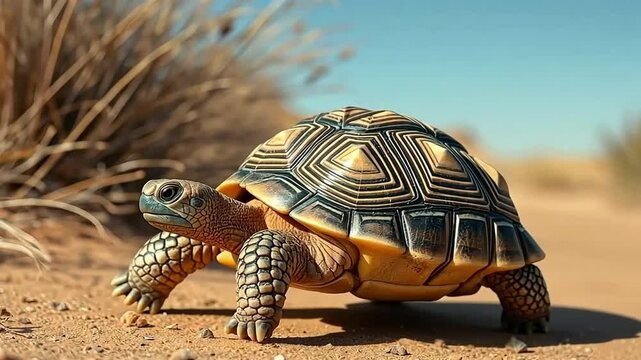 A close-up of a desert tortoise walking on sandy terrain. The tortoise has a patterned shell and is surrounded by sparse vegetation under a clear blue sky.