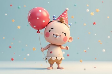Joyful Cartoon Baby with a Starry Red Balloon and Party Hat Celebrating, Festive Background with Confetti, Animation Style                            