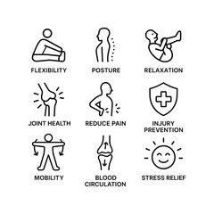 Yoga and stretching vector icon collection. Outline symbols. Line design