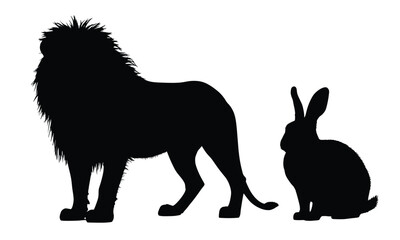 A powerful lion stands beside a small rabbit in a scalable graphic, great for logo design, wildlife concepts, and animal-themed projects.
