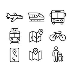Multimodal trip vector icon collection. Outline symbols. Line design