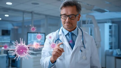 A doctor interacts with a digital screen showing magnified virus particles, symbolizing research, diagnosis, or pandemic-related healthcare technology. - Powered by Adobe