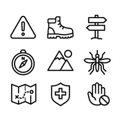 Trail safety hiking vector icons. Outline symbols. Line design