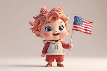Cute Cartoon Baby Holds American Flag on Patriotic Holiday, Celebrating USA, with Cheerful Smile and Wearing Hoodie, Generated AI Image               