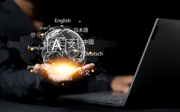 Multilingual Language Translation Technology Concept. A person holding holographic globe with speech bubbles and various languages, represents global language translate and multilingual communication. - Powered by Adobe