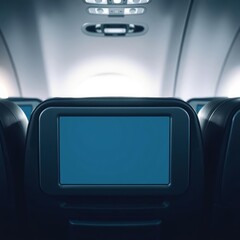 A sleek minimalist white monitor screen mirroring the pristine interior of an airplane sits blankly on a plush passenger seat ready to be filled with the magic of flight and endless entertainment  pro