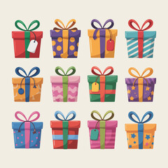 Twelve Colorful Cartoon Gift Boxes with Ribbons and Tags a Collection of Wrapped Presents in Various Patterns and Colors Perfect for Festive Designs and Celebrations
