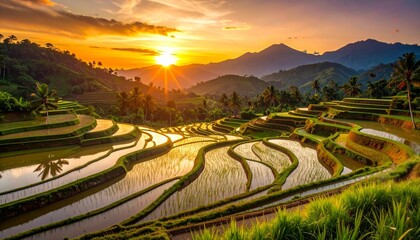Golden hour over stunning terraced rice paddies in Bali. Beautiful agricultural landscape reflection