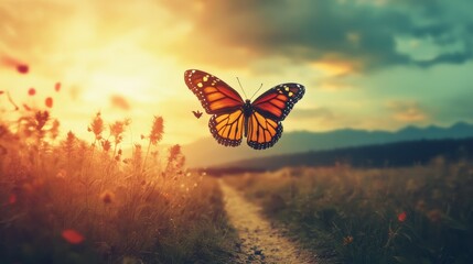 A monarch butterfly soars through a golden sunset field.