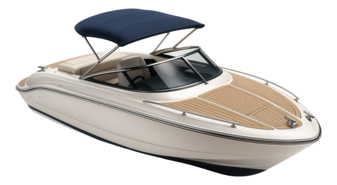 Motor yacht with a retractable bimini top and stainless steel cleats