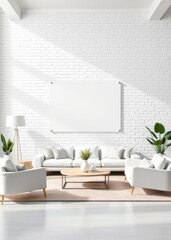 Modern living room with white furniture blank white paper on white wall white brick wall background Empty room interior design architecture blank design room