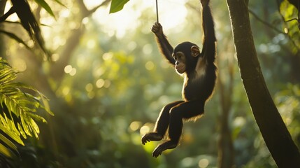 A young chimpanzee hangs from a rope in a lush jungle.