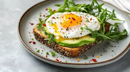 Avocado toast on whole-grain bread with poached egg