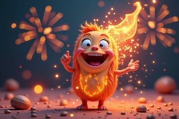 Joyful Orange Fuzzy Creature with Sparkling Flames, Cheerful Expression, and Energetic Celebration amid Blurred Bokeh Fireworks Display               